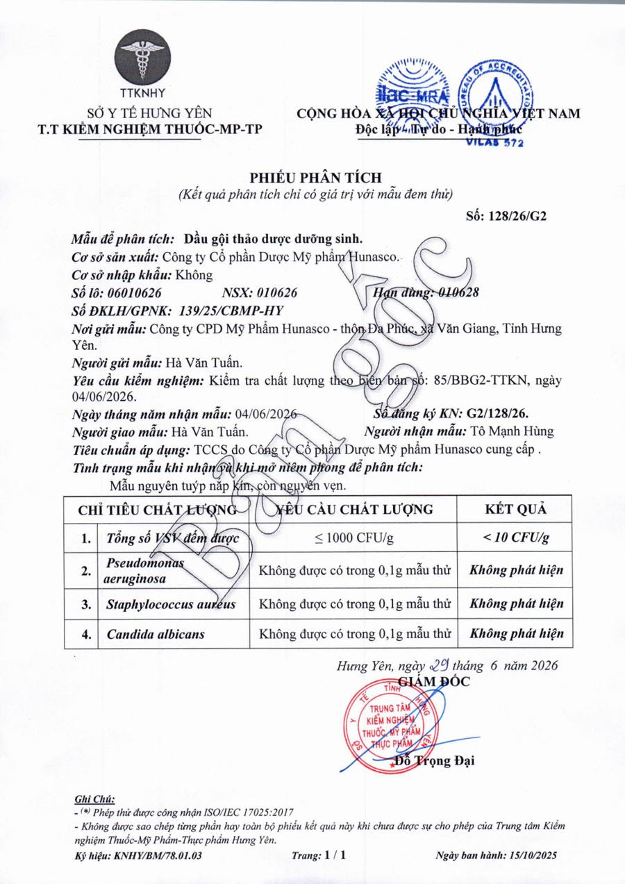 Phiếu kiểm nghiệm (trang 1) – Dầu gội thảo dược Dưỡng Sinh