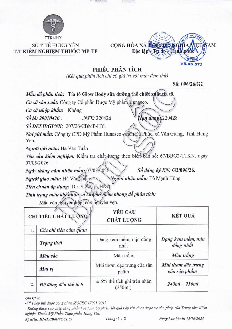 Phiếu kiểm nghiệm (trang 1) – Tía Tô Glow Body